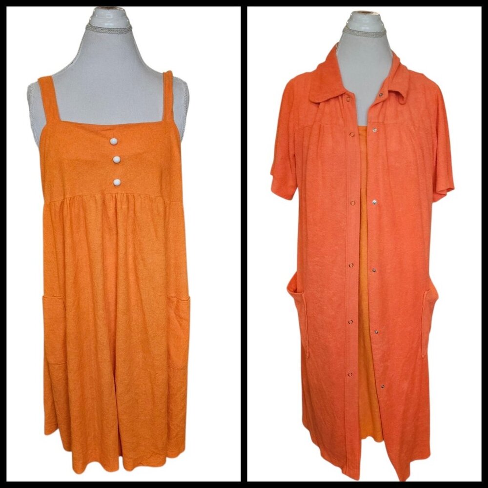 VTG 70s Orange Thin Terry House Dress Robe Sz L XL Pockets 2 Pc Set Terrycloth